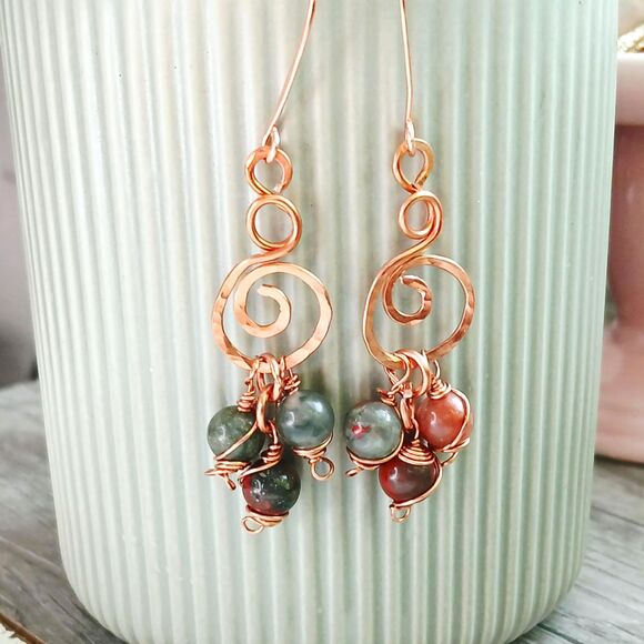 Boho Chic Bloodstone Crystal Dangle Earrings, Hammered Copper Gemstone Jewelry - Picture 1 of 3